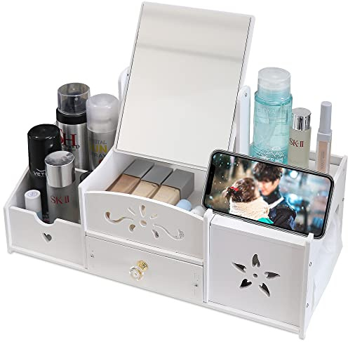 LEcylankEr Make up Organizer mit Spiegel, Schminktisch Organizer | Multifunktionaler Desktop Kosmetik Organizer, Weiß Make up Organizer mit Schublade für Schlafzimmer und Badezimmer
