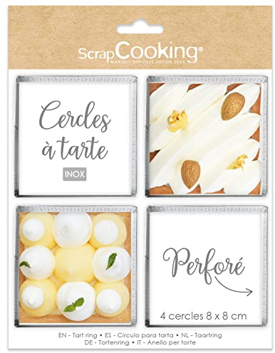ScrapCooking - 4 Cercles à Tartelettes Perforés Carrés - Cadres à Tartes Individuels 8 x 8 cm - Moules Cadres Pâtissiers Inox - Cuisson Uniforme - Accessoires Pâtisserie Gâteau Dessert - 1324