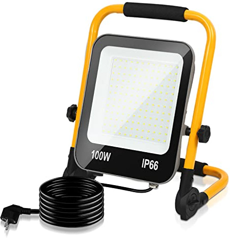 Joparri LED Baustrahler, Arbeitsleuchte 100W, 10000LM LED Fluter Floodlight mit 3M Kabel und Stecker, Wasserdicht IP66 Austellenlampe für Innen-und Außenbereich Baustelle Garage Werkstatt, Kaltweiß