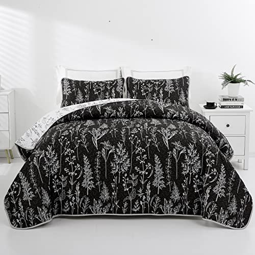 Lunoroey Bedspread Double Size Black And White Floral Quilted Bedspreads | Black And White Reversible, Floral Botanic Bedspread, 1 Quilt And 2 Pillowcases, All Season Bedding