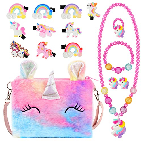 OSDUE Peluche Licorne Sac a Main Bijoux, Collier Bracelet des Boucles d'oreilles Bagues Kit Bijoux Princesse Accessoire Anniversaire Cadeau 16pcs