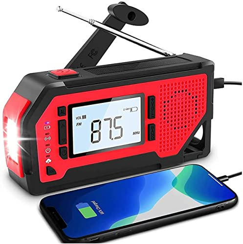 ONOTEC Emergency Crank Radio，2000mAh Solar Hand Crank Portable AM/FM Weather Radio with LED Flashlight，Cell Phone Charger, SOS Alarm for Home and Emergency