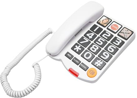 Großtastentelefon für Senioren, Schnurgebundenes Festnetztelefon, Bildtelefon für Senioren, Großtasten-Festnetztelefon für Sehbehinderte, Zielwahl, SOS (Weiss)