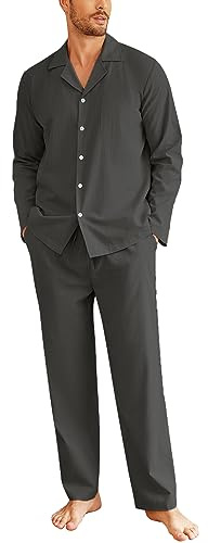 Ekouaer Mens Pyjama 2 Piece Set Cotton Warm Comfortable Cotton Pyjamas Men Traditional Classic Pyjamas Sets Top & Pants Pure, Dark Grey, S