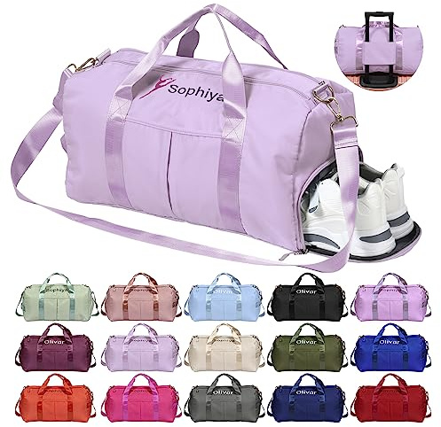 Personalisierte Schwimmtasche, OXYEFEI 45 Embroidery Muster Optional Sporttasche Mädchen Kinder Name Trainingstasche mit Groß Schuhfach Nassfach Faltbare für Ballett Gymnastik Gym(Dunkellila)