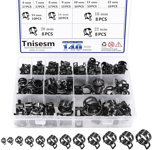 Tnisesm 140 Pcs 12Values 6-22mm Spring Hose Clamp Assortment kits Silicone Vacuum Hose Action Low Pressure Air Clip Clamp hoses clamps sleeving(Black)