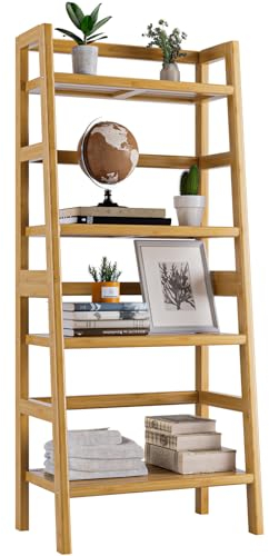HITNET Estantería de Escalera, Librería de 4 Niveles, Estantería de Almacenaje de Pie, Estante de baño de bambú, para Salón, Dormitorio, Cocina, Oficina en Casa, Natural