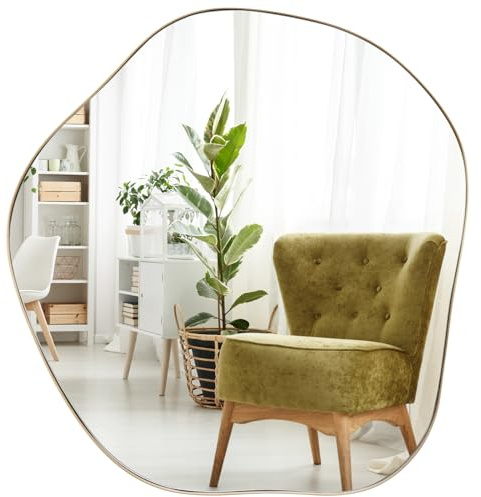 COSTWAY Decorative Wall Mirror, 75x70cm Large Irregular Metal Frame Hanging Accent Vanity Mirror, Horizontal/Vertical Wall Mounted Mirror for Bathroom, Living Room, Bedroom and Hallway, Gold