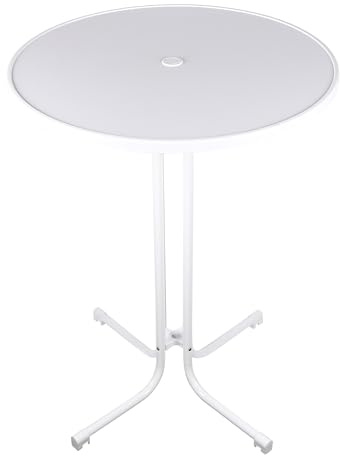 Eigentlich Stehtisch Partytisch weiß mit Schirmloch rund 80x107cm | Bistrotisch Bartisch Biergartentisch, Holzwerkstoff beschichtet, weißes klappbares Metallgestell