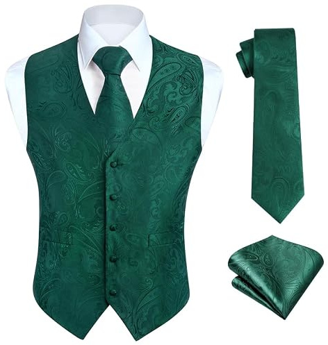 HISDERN Herren Paisley Weste Grün Floral Jacquard Krawatte Einstecktuch Hochzeitsfeier Business Fit Weste Anzug Set,Grün-N,XL