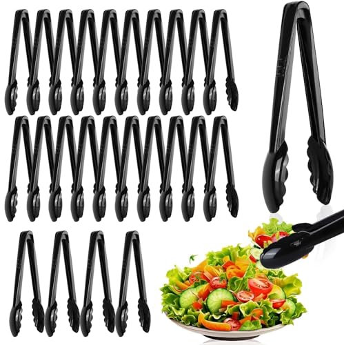 Mwellewm 24 Pc Plastic Tongs for Serving 9 Inch Bulk Reusable or Disposable Tongs Heavy Duty Hard Serving Utensils Set Large Salad Tong for Kitchen Party Food Buffet Appetizer BBQ Event Catering Black