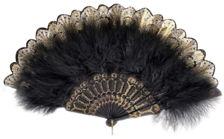 FSSTUD Feather Folding Fan 1920s Vintage Flapper Hand Fan Embroidered Flower Fan Party Dancing Foldable Fans Handheld Costume Fan for Tea Party Black