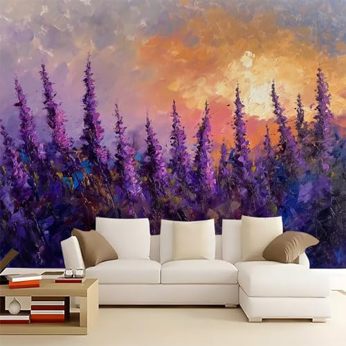 3D Panoramic Custom Wallpaper Mural Oil Painting Heather Non-Woven Premium Art Print Purple Orange Wallpaper Mural Poster Decoration 78.74 x 55.12 (W x H), for Bedroom Living Room Corridor