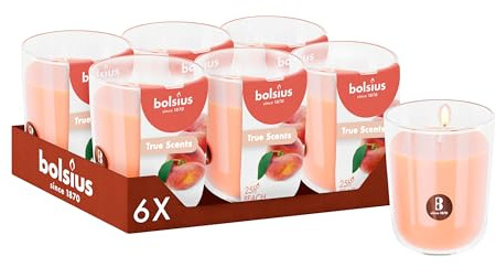 Bolsius - True Scents - Pêche - Orange - Lot de 6 Bougies Parfumées - 8 x 7 cm - Durée de combustion: 25 heures - Avec extraits naturels - Cire végétale naturelle - Sans huile de palme