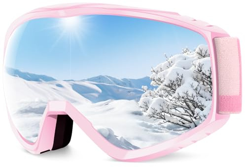 Findway Skibrille Erwachsene für Herren Damen, Snowboardbrille für Brillenträger, OTG UV-Schutz Kompatibler Helm Anti Fog Skibrillen, Rosa Sphärisch Verspiegelt