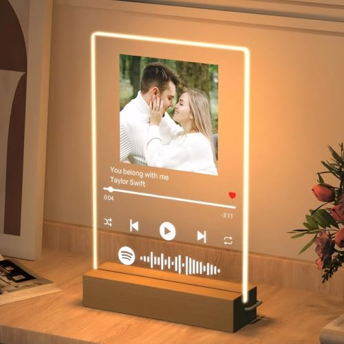 Rainsar Personalisierte Geschenke, Spotify Glas Personalisiert, Song Cover Glas Bild mit Foto, Personalisierter Fotorahmen mit Scannbar QR Code, Personalisierte Geschenke Frauen Männer Weihnachten