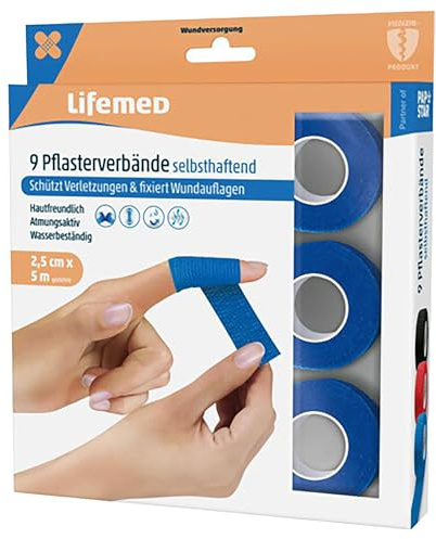 9x PFLASTERVERBAND Set 2,5cmx5m Blau selbsthaftend elastisch Wundverband Fingerpflaster Haftbandage Fixierbandage Pflasterolle Pflaster 95