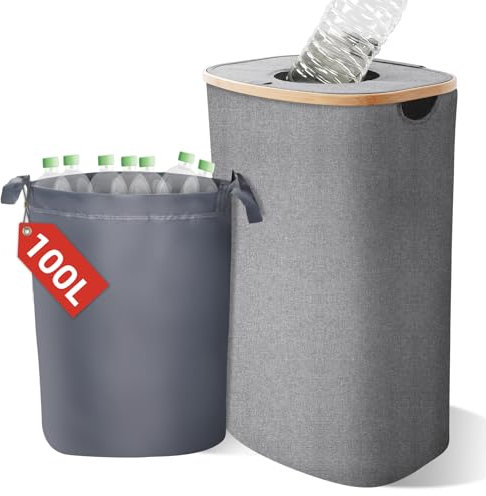 Pfandflaschen Sammelbehälter mit Deckel 100L, Bambus Pfandflaschen Aufbewahrung mit Tragetasche, Flaschensammler Leergut Sammelbehälter mit Loch, Pfandflaschen Behälter für Küche & Abstellraum, Grau