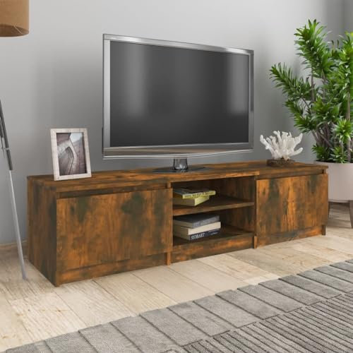 TJROO TV-Möbel für Schlafzimmer, 140 x 40 x 35,5 cm, niedriger Schrank mit 2 Türen und 2 offenen Fächern, TV-Ständer, HiFi-Tisch, TV-Möbel, Wohnzimmer, Eiche Rauch, aus mehrschichtigem Holz
