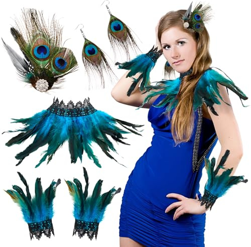 Xinnun 6 Stücke Künstliche Pfauenfeder Kostümzubehör Damen 1 Pfauen Künstliche Federn Haarspange mit Strass 1 Schal Shrug 1 Paar Manschetten 1 Paar Ohrringe für 20er Jahre Faschings Karneval Cosplay