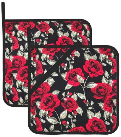 Set di presine isolate con stampa di rose rosse, presine per cucina, adatte per microonde, forno e barbecue all'aperto