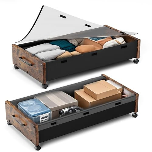 JSHNE Almacenamiento de madera para debajo de la cama con ruedas, 80 L, extra grandes, para debajo de la cama, paquete de 2 con tapa extraíble, cajones de metal mejorados para ropa y zapatos (marrón
