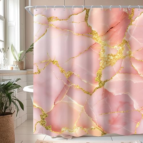Cinbloo Abstract Pink Shower Curtain 60Wx72H Rose Gold Modern Ink Texture Blush Golden Line Elegant Minimalist Bathroom Curtain Set for Girls Woman Luxury Marble Bathroom Decor with 12 Hook