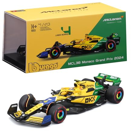 Bburago – McLaren MCL38#4 Lando Norris Monaco GP 2024 Senna 30th Anniversary, Diecast-Modell im Maßstab 1:43 mit Helm und Vitrine, Sonderlackierung, offizielle McLaren-Lizenz, ab 14 Jahren