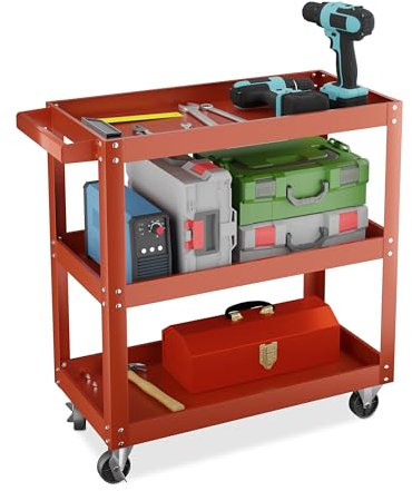 Relaxdays Carrello Portautensili Officina, Carrellino a 3 Ripiani Porta Attrezzi Lavoro, 76x78x35 cm, Max. 100 kg, Rosso