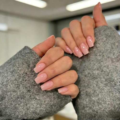 KQueenest Nude Rosa Press On Nails Mittel Eckig, Sarg Nägel zum Aufkleben Kurz, Glänzende Jelly-Gel Fake Nails Fingernägel zum aufkleben Ballerina, Einfarbig Acryl Kunstnägel für Frauen, 30 Stück