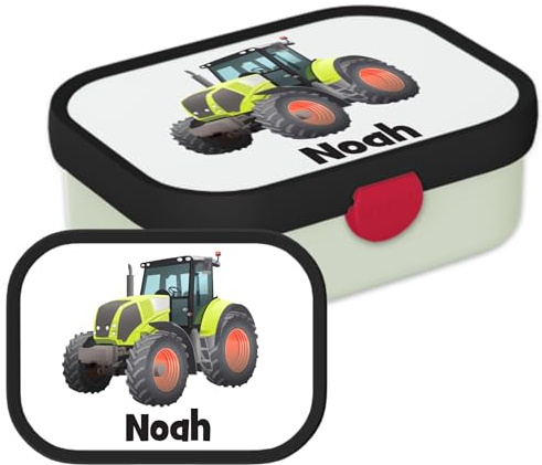 Mepal - Caja de almuerzo personalizada con nombre infantil (tractor, diseño verde) - con compartimento bento y tenedor - libre de BPA, apto para lavavajillas