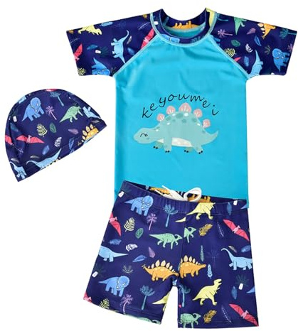 NautySaurs Boys Swimwear 3-Piece Set Quick-Dry Rash Guard Swim Shorts Swim Cap Beach Suit Kids Dinosaur Whales Swimsuit (Blue Dinosaur, 3-4 Years)