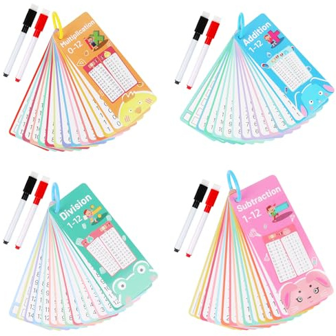 4 Pcs Times Tables Flash Cards, 1-12 Times Tables with Multiplication, Division, Addition, Subtraction, 8 Dry Erase Pens, Educational Math Flashcards for Kids