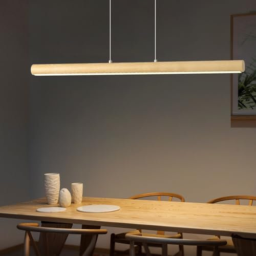 Deliouay Holz LED Pendelleuchte Esstische Dimmbare Esstischlampe Hängelampe Linear Design, Hängeleuchte Mit Fernbedienung, Höhenverstellbar Holzlampe für Wohnzimmer Küche Büro Esszimmerlampe (90cm)