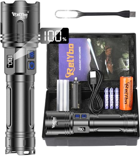 Relybo Torches LED Super Bright 500,000 Lumen, Rechargeable Torch XHM90.2 Flashlight, LED Torches Powerful Battery Powered, 2 Switches Stepless Dimming High Powered Torch Tactical, Camping Dog Walking