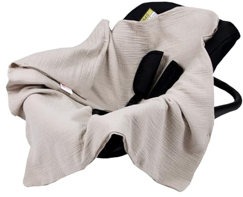 Babylux Einschlagdecke für Babyschale Autositz 80x80 cm – Sommer Babydecke aus Musselin Baumwolle – Atmungsaktiv, mit Gurtschlitzen (Natural)