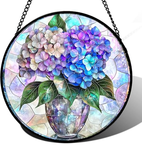 HWRHTR Stained Glass Window Hanging, Blue Purple Hydrangea Flowerpot Suncatcher for Doors Home Sun Catchers Decoration and Christmas, Mother's Day Birthday Gifts for Women, Men, and Mom 6.3x6.3 in
