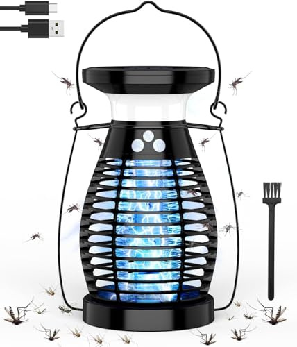 Insektenvernichter Elektrisch Solar, 4000mAh Mückenfalle Elektrischer Fliegenfalle 4200V Elektrische Fliegenfalle Anti Mücken Lampe Aussen Insektenfalle Moskitoschutz Innen Outdoor für Haus (Schwarz)
