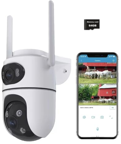 Telecamera Wi-Fi Esterno Doppio Obbiettivo, Telecamera WiFi da Esterno PTZ Videocamera Sorveglianza con Scheda TF 64 GB Rilevamento Umano Visione Notturna a Colori Tracciamento Movimento con Sirena