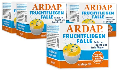 ARDAP Fruchtfliegenfalle 5er Pack- Obstfliegenfalle zur Reduktion von Fruchtfliegen & Essigfliegen - Hochwirksamer Lockstoff - Insektizidfrei gegen Fruchtfliegen (PT19)
