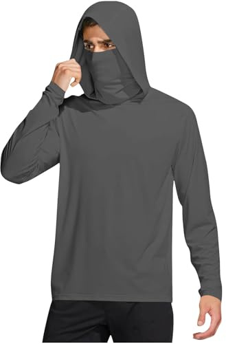 RLEHJN T-Shirt À Capuche Pour Homme UFP 50+ Sweat À Manche Longue Respirant Et Léger Haut De Sport Protection Solaire D'Été Décontractée Avec Cache-Cou Vêtements De Protection Solaire Pour Extérieure