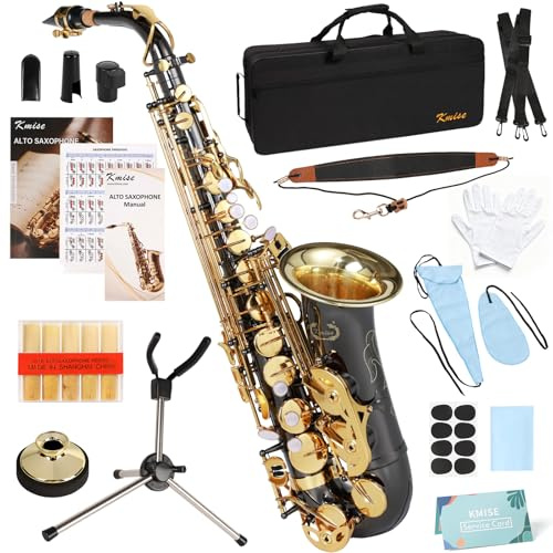Kmise E-Flaches Altsaxophon, leichtes Saxophon für Schüler Anfänger, Saxofon Komplettset mit tragbarer Tasche, Saxophonständer, Gurt, Blätter, Anfängerführungen, Stummschaltung, Reinigungsset (Schwarz