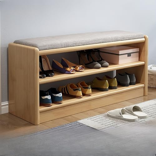 Zapatero de nogal con marco de madera maciza de almacenamiento y cojín de alta resistencia para entrada y exterior, 83 cm, diseño elegante y funcional