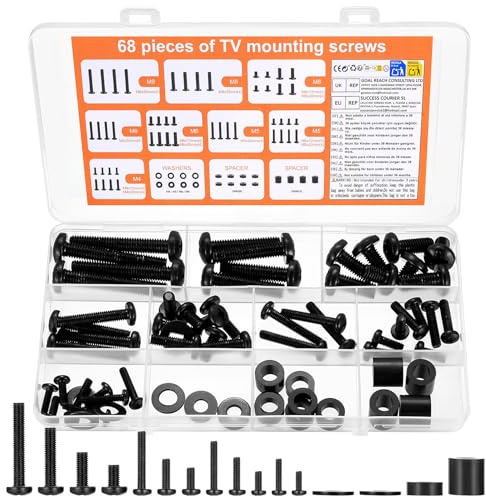 Juego de 68 tornillos VESA, M4, M5, M6, M8, montaje en pared, tornillos universales para televisores y soportes de monitor de hasta 80 pulgadas, con espaciador, color negro