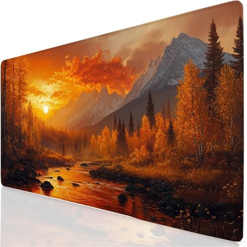 Gaming Tapis de Souris Coucher De Soleil Tapis de Souris XXL 900x400x3mm, Automne Mouse Pad pour Clavier et Bureau, avec Bords Surpiqués et Dos Antidérapant sous Main Bureau, pour Gaming Cadeau YG-44