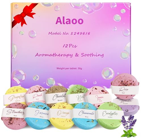 Alaoo Bombas de Ducha para Aromaterapia,12 Pcs Juego de Bolas de Baño, Bombas de Ducha Aromas Relajantes con Aceites Esenciales, Kit de Regalo de para Mujeres y Hombres,E