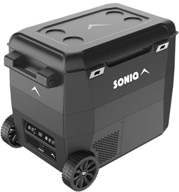 Compressore refrigeratore da 56 litri con ruote – 12/24 V elettrico per auto – congelatore fino a -20 gradi – frigorifero da campeggio – maniglie rimovibili, apribottiglie integrato, ruote