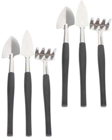 Alasum Set de 6 Herramientas de Jardinería para Macetas en Acero Inoxidable Paleta Pequeña Pala y Rastrillo Manual Negro Kit Compacto para Suculentas y Plantas de Interior Aflojador