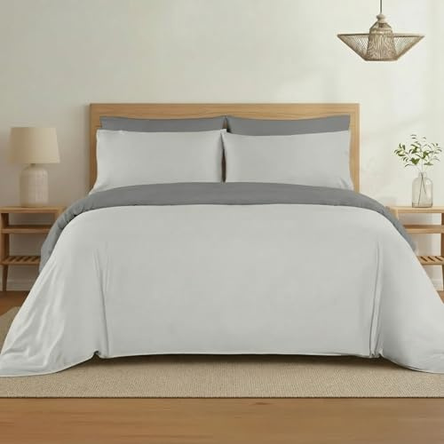 H HANSEL HOME Funda Nórdica Bicolor Cama 150 – 4 Piezas – 100% Microfibra Suave y Transpirable – Funda Edredón 220x240 cm, Bajera 150x200+30 cm, 2 Fundas de Almohada 50x75 cm - Gris Claro - Gris