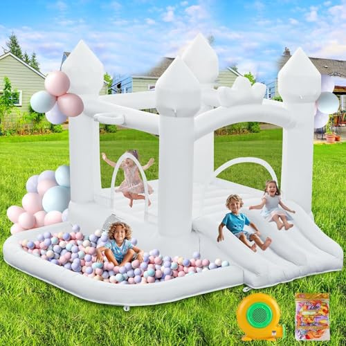 castillo hinchable blanco casa de rebote castillo inflable para niños 323 × 284 × 223 cm, con Doble tobogán Piscina de bolas Trampolín Soplador adecuado para bodas fiestas de cumpleaños infantiles